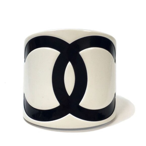 Authentic CHANEL CC Cuff Logo 05V Vintage Bracelet Bangle Black White Wide - Picture 1 of 8